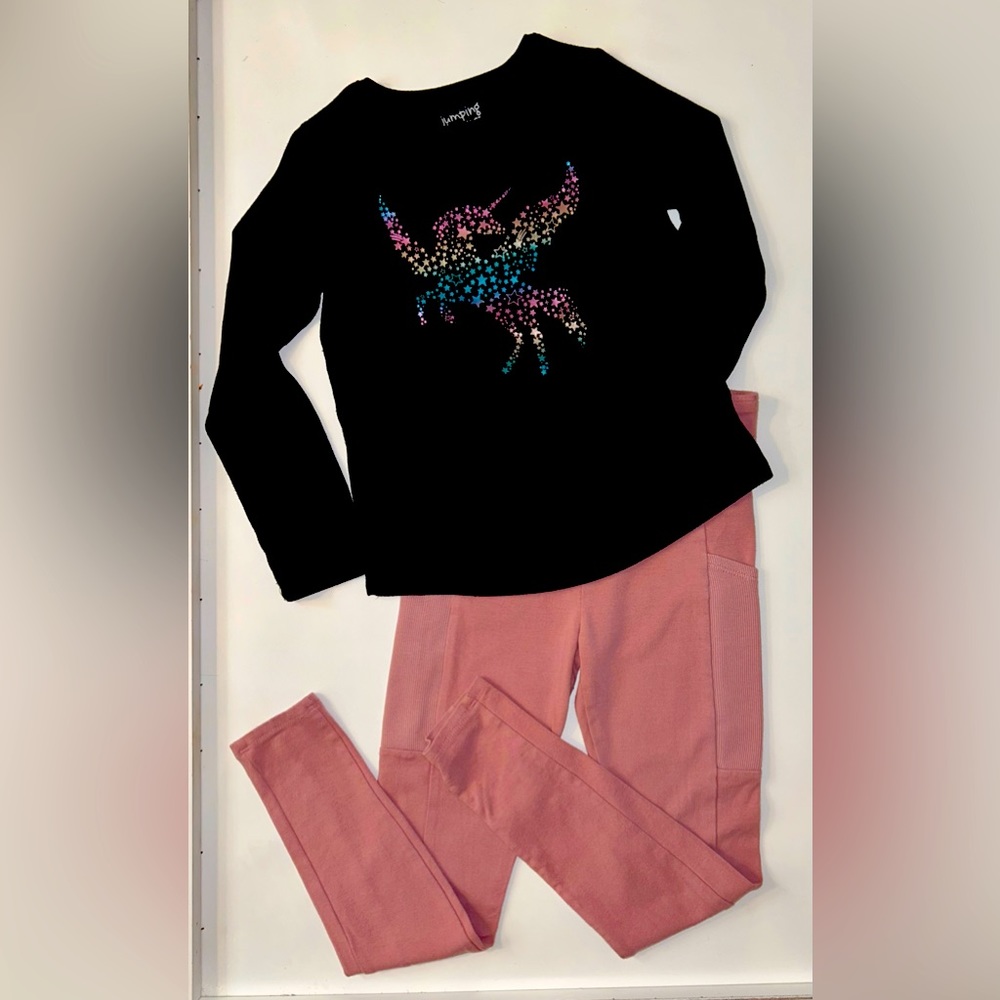 Jumping Beans girls long sleeve unicorn sweater w/ ribbed waist pocket leggings